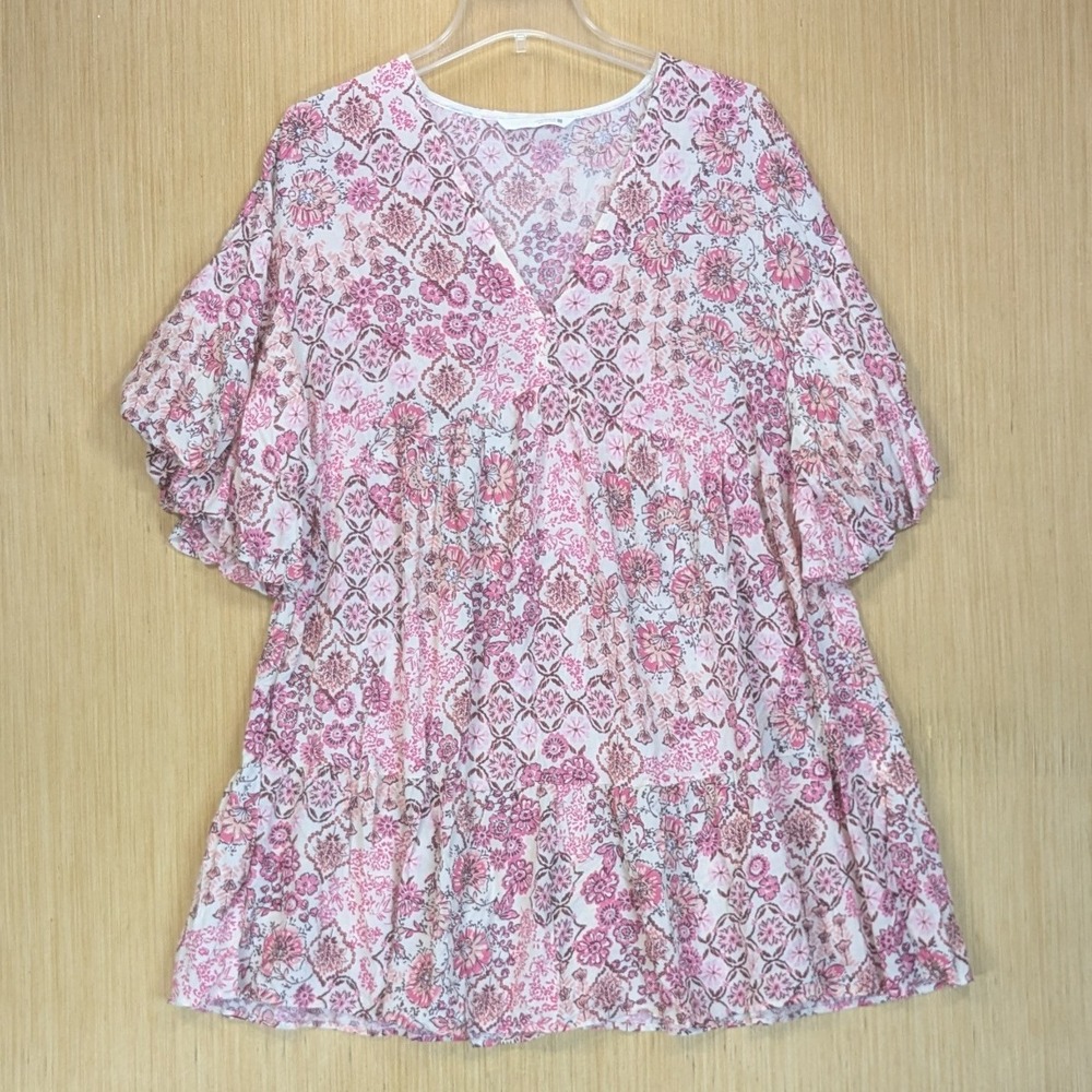 ZARA Mini Dress Pink Tiered Floral Boho Flowy Oversized Flutter Sleeve Womens XS